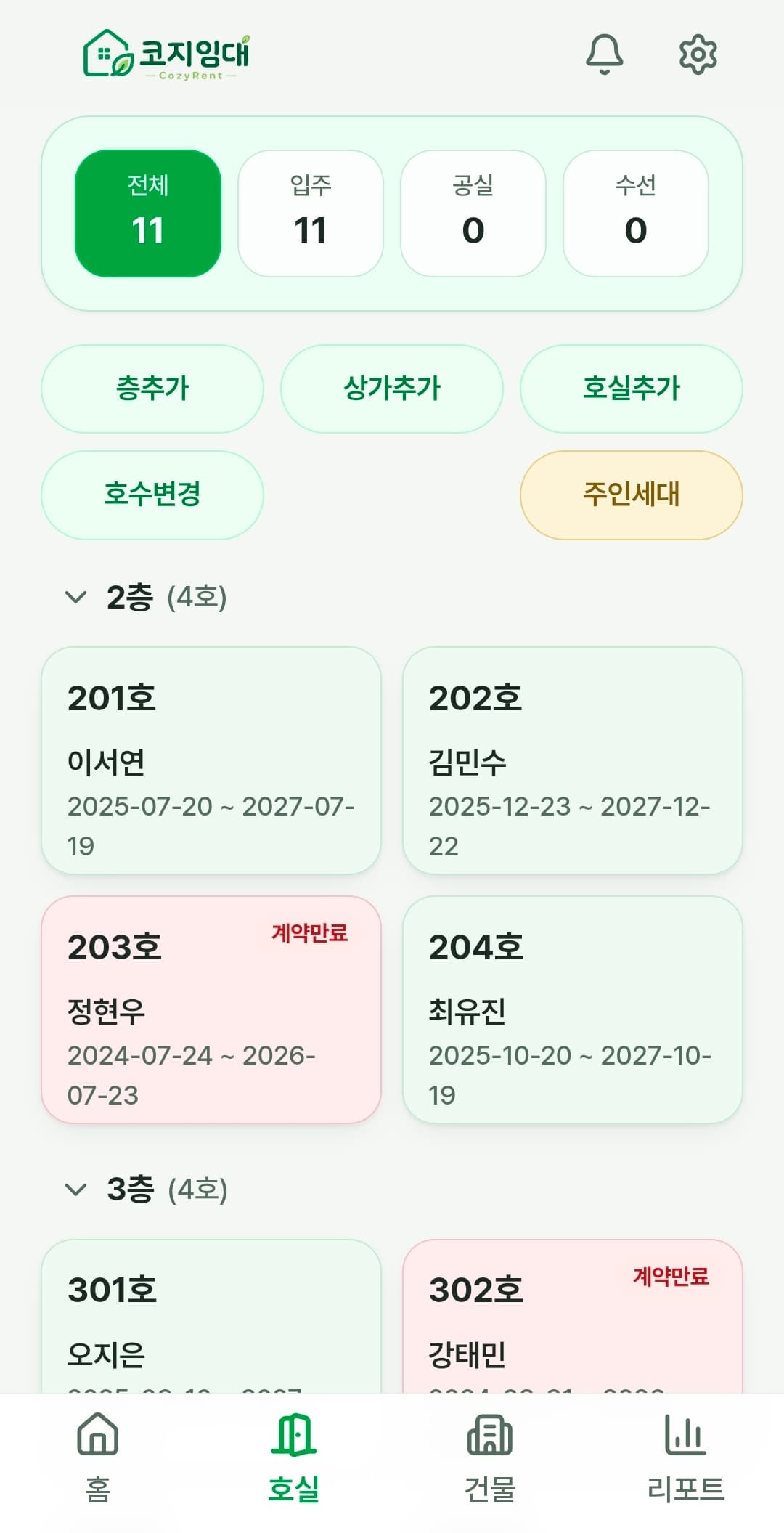 코지임대 건물·호실·계약 관리 화면